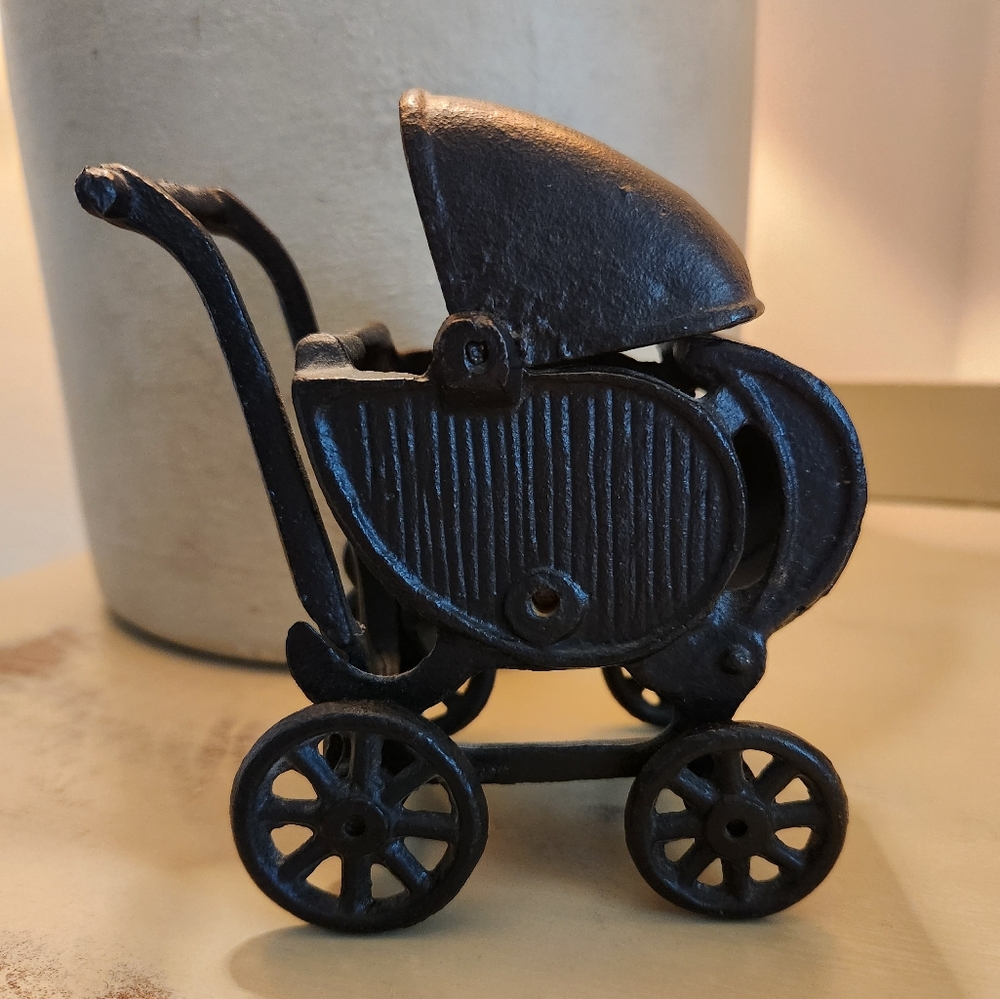 Vintage Miniture Cast Iron Doll Carriage 5" Tall